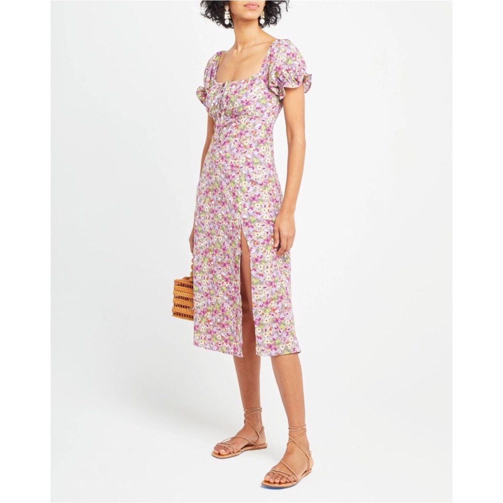 O.P.T. One Pretty Time Go On A Date Floral Smocked Midi Dress Puff Sleeve M